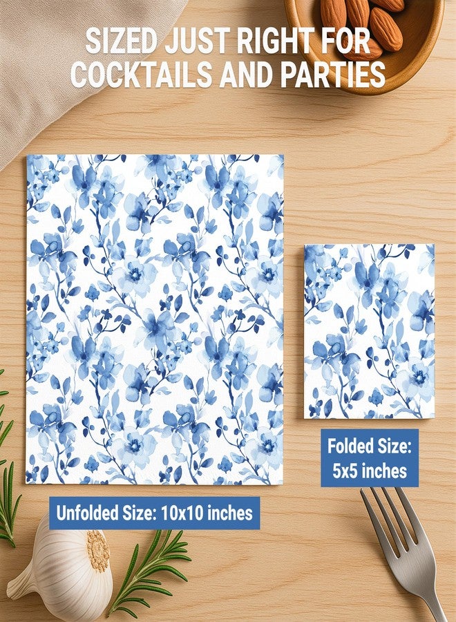 Decorably 3-Ply 100 Pack Disposable Blue Floral Cocktail Napkins Paper - 5x5in Folded Square, for Beverage, Appetizers, Dinner, Tea Party, Garden Party, Bridal and Baby Shower, Birthday, Wedding - Image 3